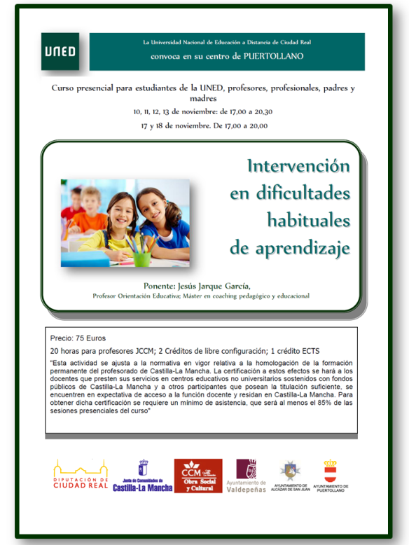 Cartel del curso que Jesús Jarque impartirá en la UNED de Puertollano, Ciudad Real, titulado Intervención en dificultades habituales de aprendizaje
